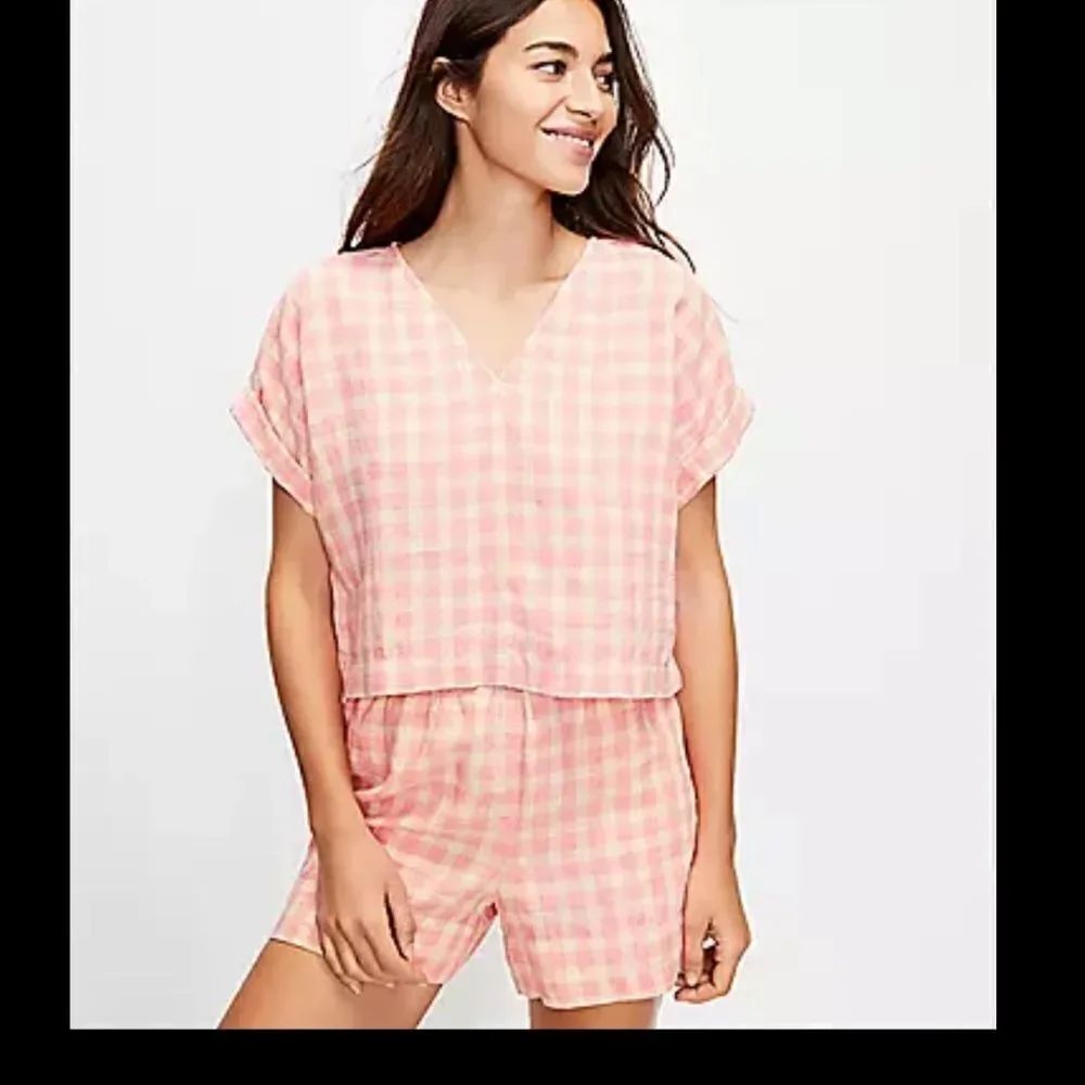 Lou & Grey Linen Gingham V-neck Top NWT